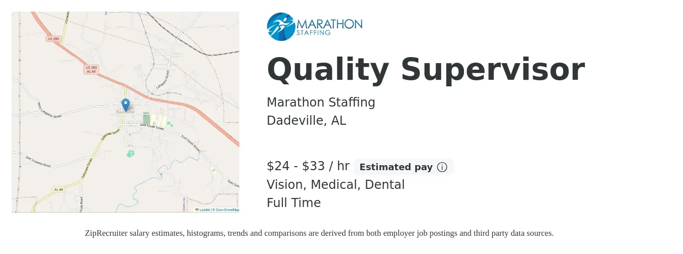 Marathon Staffing job posting for a Quality Supervisor in Dadeville, AL with a salary of $25 to $34 Hourly and benefits including vision, dental, life_insurance, and medical with a map of Dadeville location.