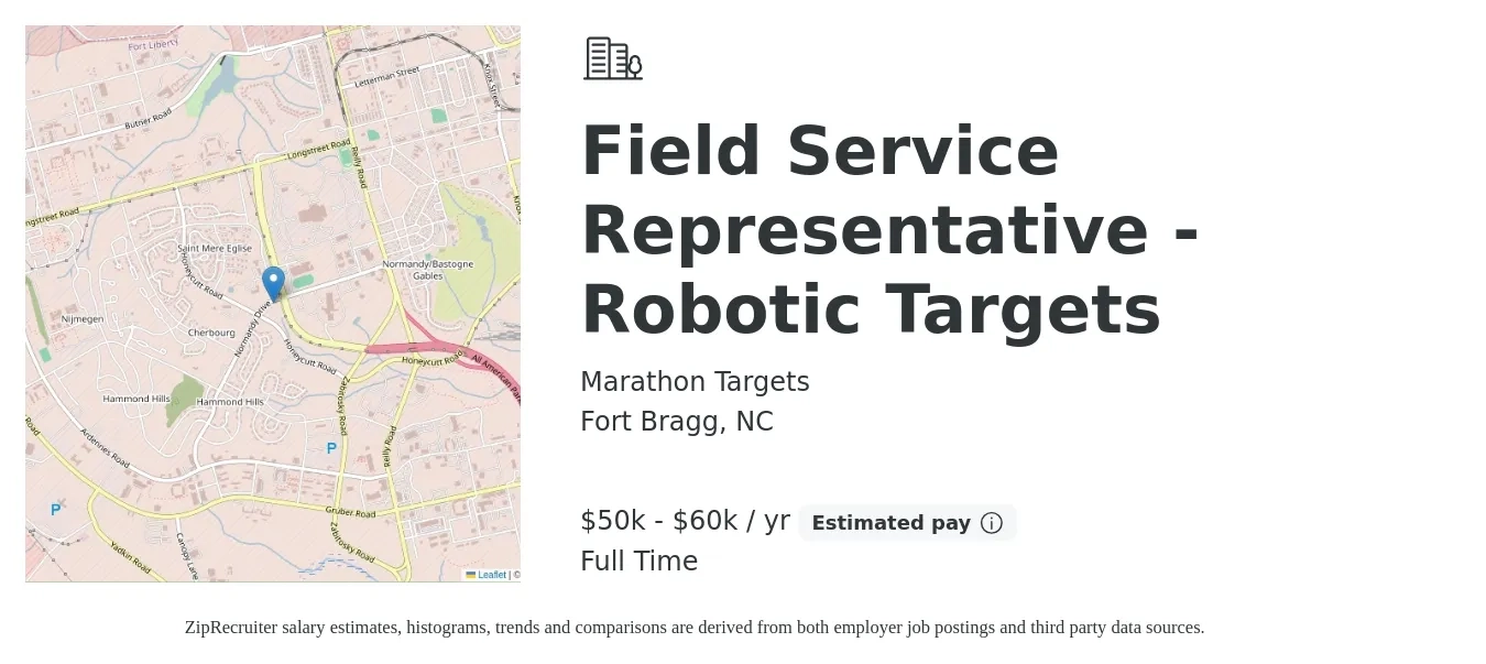 Marathon Targets job posting for a Field Service Representative - Robotic Targets in Fort Bragg, NC with a salary of $50,000 to $60,000 Yearly with a map of Fort Bragg location.