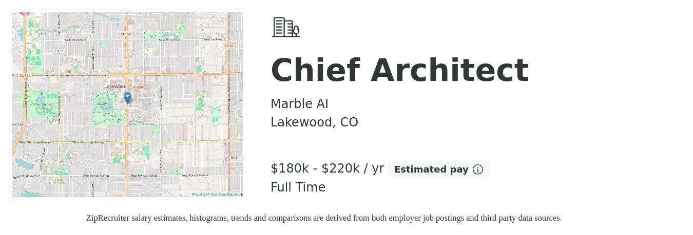 Marble AI job posting for a Chief Architect in Lakewood, CO with a salary of $150,000 to $195,000 Yearly with a map of Lakewood location.