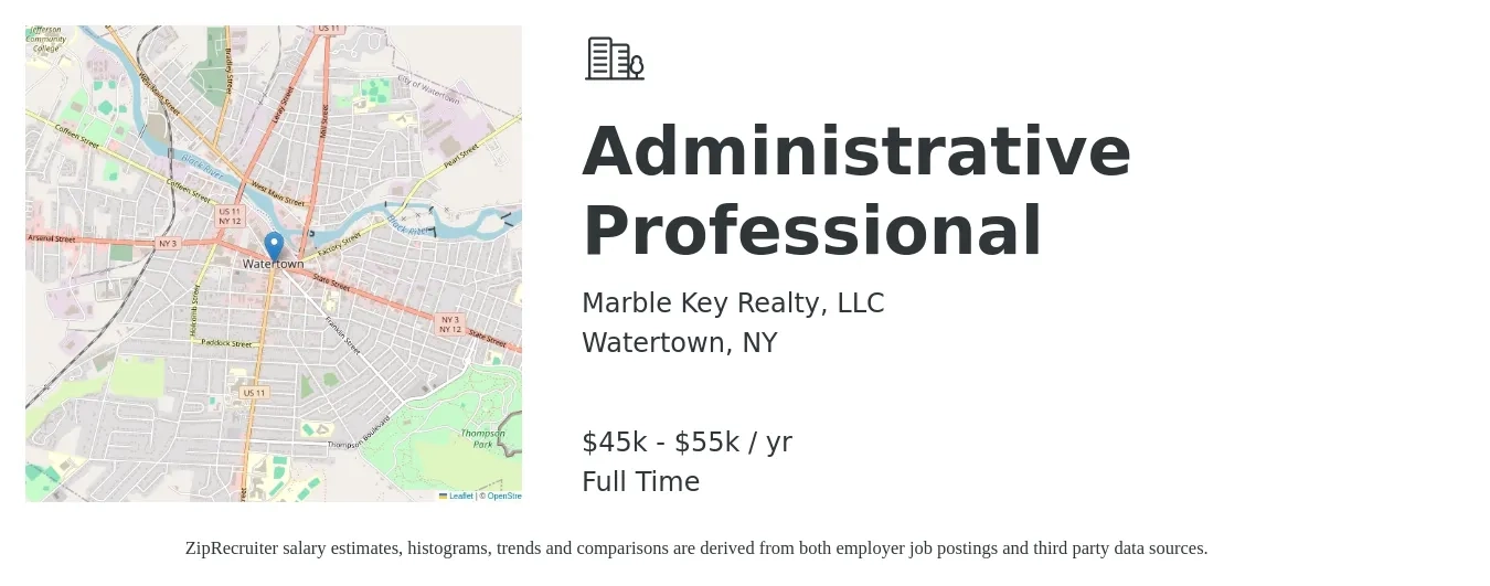 Marble Key Realty, LLC job posting for a Administrative Professional in Watertown, NY with a salary of $45,000 to $55,000 Yearly with a map of Watertown location.
