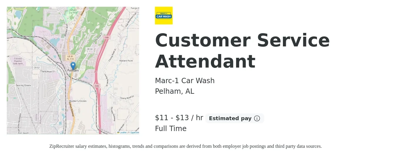 Marc-1 Car Wash job posting for a Customer Service Attendant in Pelham, AL with a salary of $12 to $14 Hourly with a map of Pelham location.