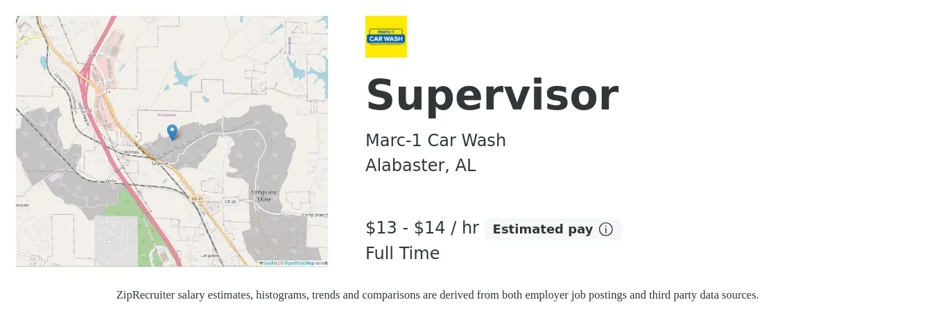 Marc-1 Car Wash job posting for a Supervisor in Alabaster, AL with a salary of $14 to $15 Hourly with a map of Alabaster location.