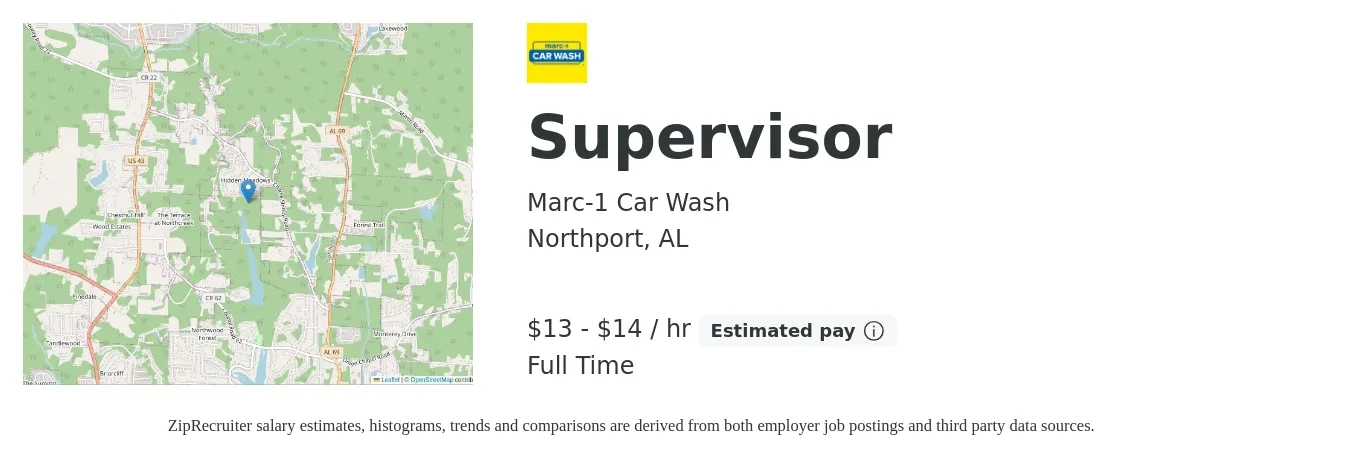Marc-1 Car Wash job posting for a Supervisor in Northport, AL with a salary of $14 to $15 Hourly with a map of Northport location.