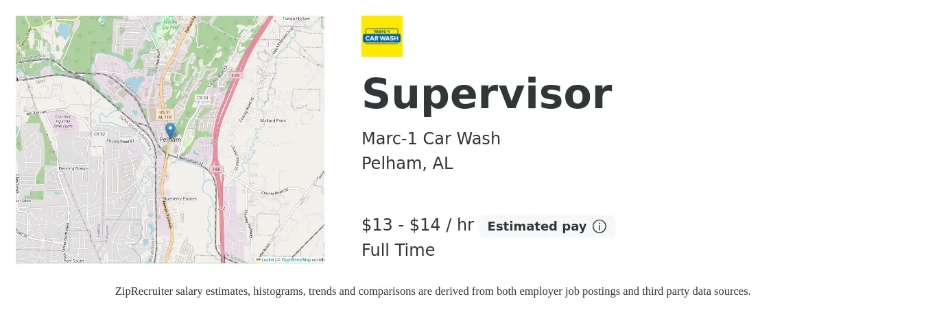Marc-1 Car Wash job posting for a Supervisor in Pelham, AL with a salary of $14 to $15 Hourly with a map of Pelham location.