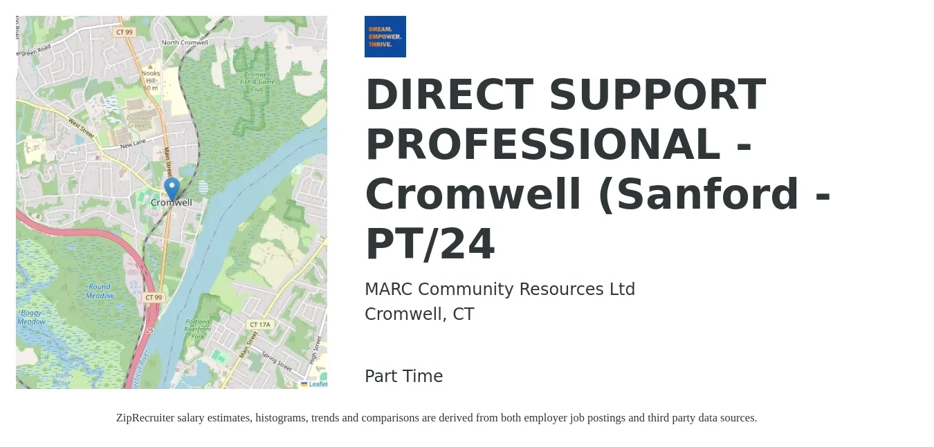 MARC Community Resources Ltd job posting for a DIRECT SUPPORT PROFESSIONAL - Cromwell (Sanford - PT/24 in Cromwell, CT with a salary of $15 to $18 Hourly with a map of Cromwell location.