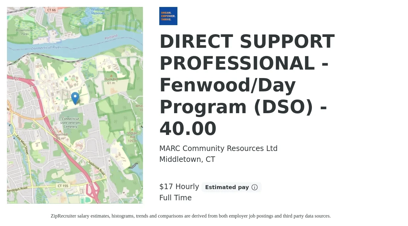 MARC Community Resources Ltd job posting for a DIRECT SUPPORT PROFESSIONAL - Fenwood/Day Program (DSO) - 40.00 in Middletown, CT with a salary of $18 Hourly with a map of Middletown location.