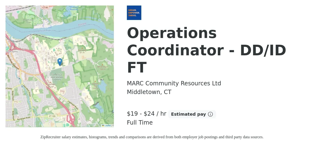 MARC Community Resources Ltd job posting for a Operations Coordinator - DD/ID FT in Middletown, CT with a salary of $20 to $25 Hourly with a map of Middletown location.