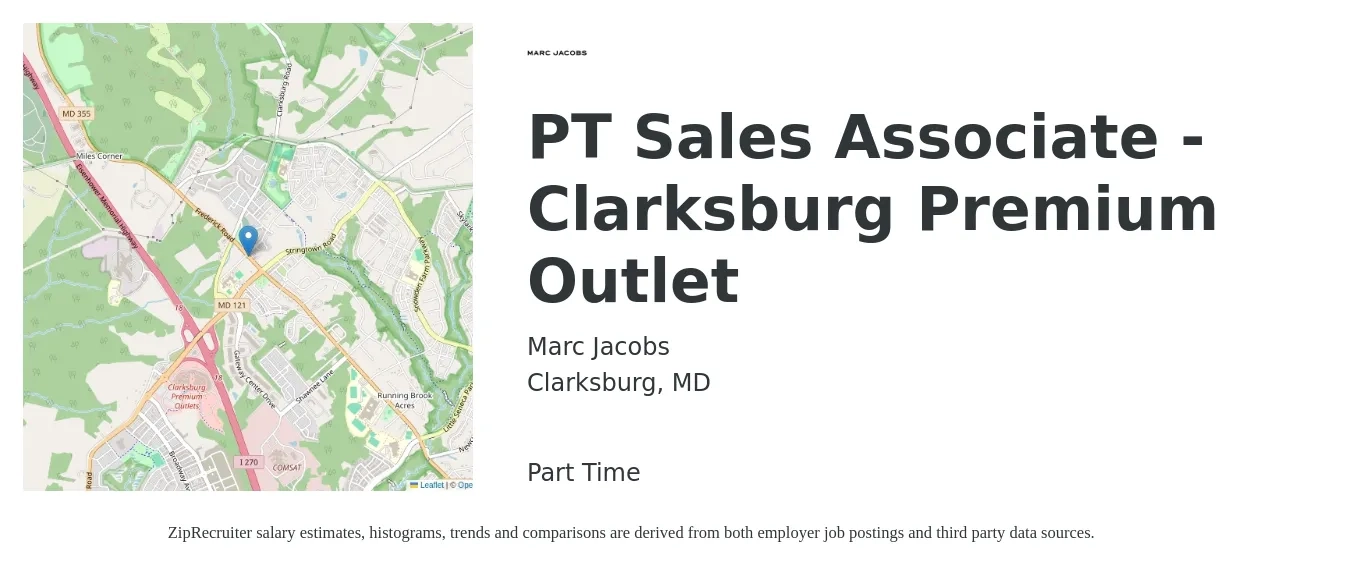 Marc Jacobs job posting for a PT Sales Associate - Clarksburg Premium Outlet in Clarksburg, MD with a salary of $16 to $18 Hourly with a map of Clarksburg location.