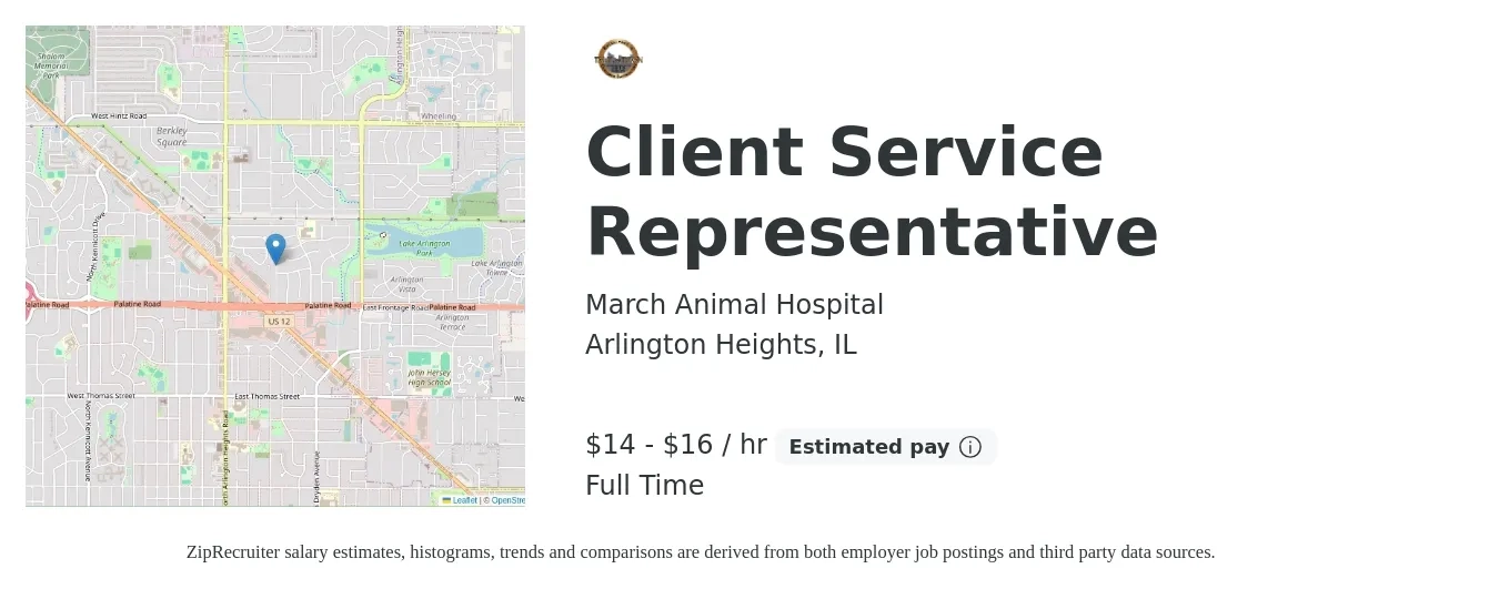 March Animal Hospital job posting for a Client Service Representative in Arlington Heights, IL with a salary of $15 to $18 Hourly with a map of Arlington Heights location.