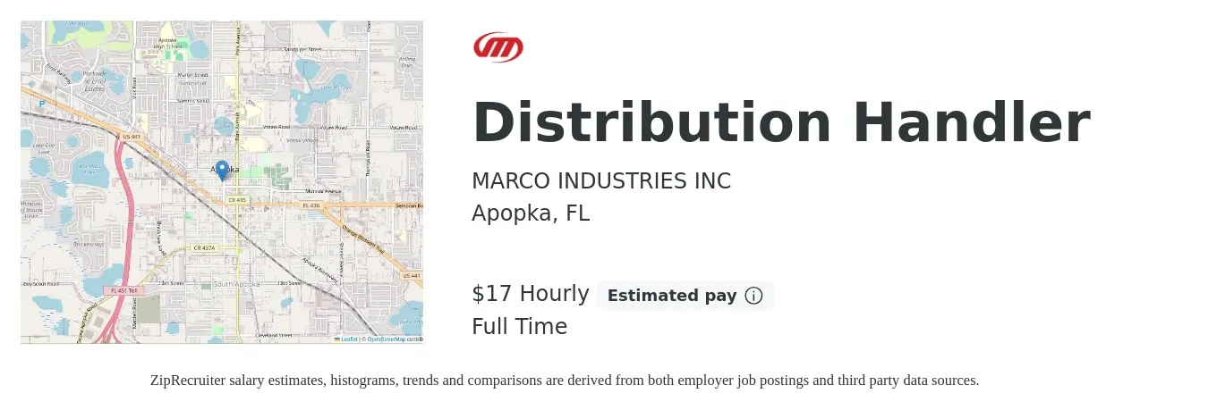 MARCO INDUSTRIES INC job posting for a Distribution Handler in Apopka, FL with a salary of $18 Hourly with a map of Apopka location.