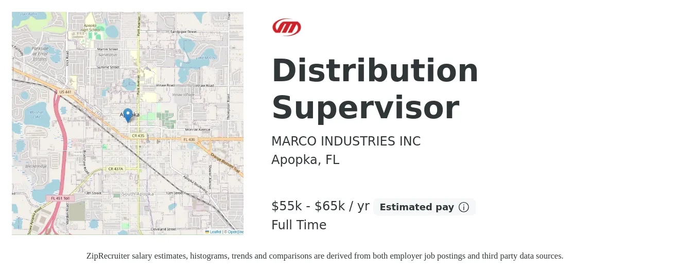 MARCO INDUSTRIES INC job posting for a Distribution Supervisor in Apopka, FL with a salary of $55,000 to $65,000 Yearly with a map of Apopka location.
