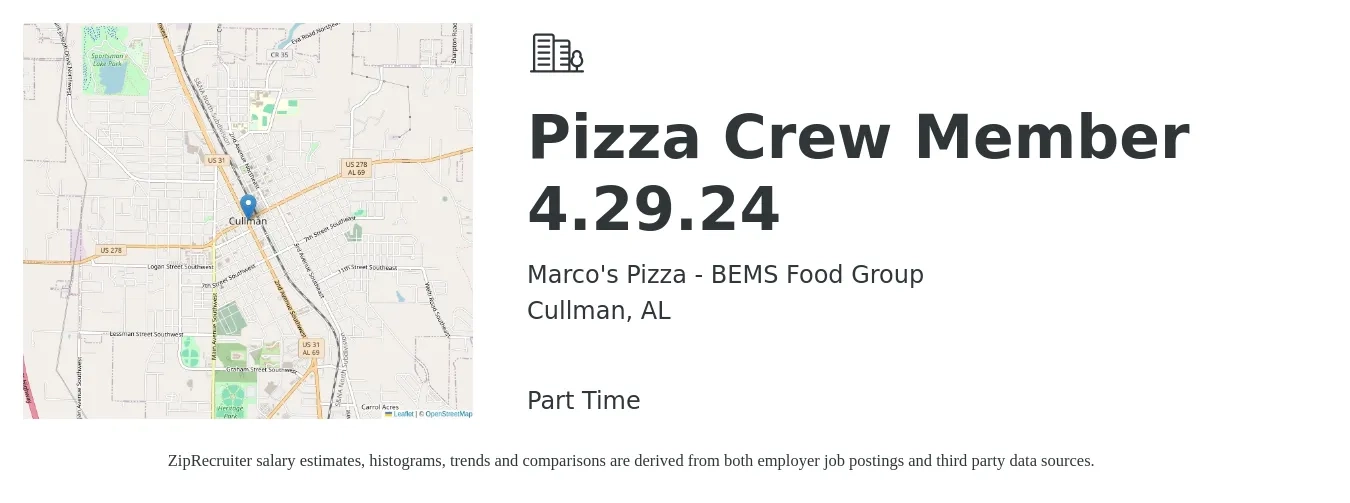 Marco's Pizza - BEMS Food Group job posting for a Pizza Crew Member 4.29.24 in Cullman, AL with a salary of $9 to $13 Hourly with a map of Cullman location.