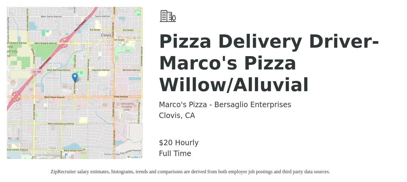 Marco's Pizza - Bersaglio Enterprises job posting for a Pizza Delivery Driver- Marco's Pizza Willow/Alluvial in Clovis, CA with a salary of $21 Hourly with a map of Clovis location.