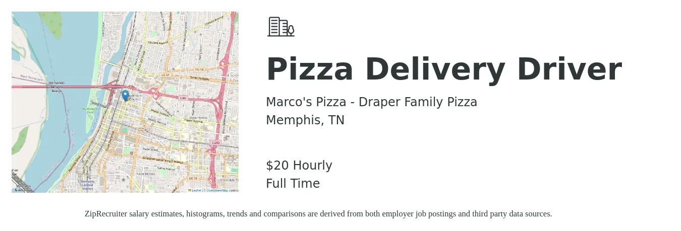 Marco's Pizza - Draper Family Pizza job posting for a Pizza Delivery Driver in Memphis, TN with a salary of $21 Hourly with a map of Memphis location.