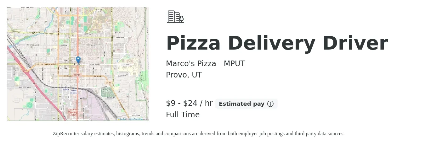 Marco's Pizza - MPUT job posting for a Pizza Delivery Driver in Provo, UT with a salary of $10 to $25 Hourly with a map of Provo location.
