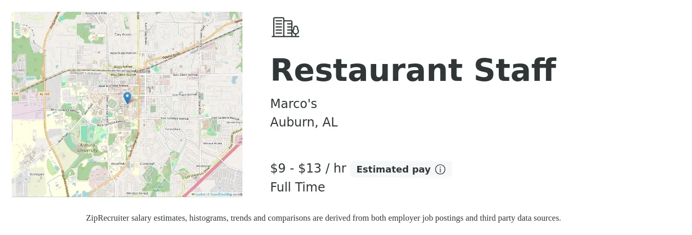 Marco's job posting for a Restaurant Staff in Auburn, AL with a salary of $10 to $14 Hourly with a map of Auburn location.