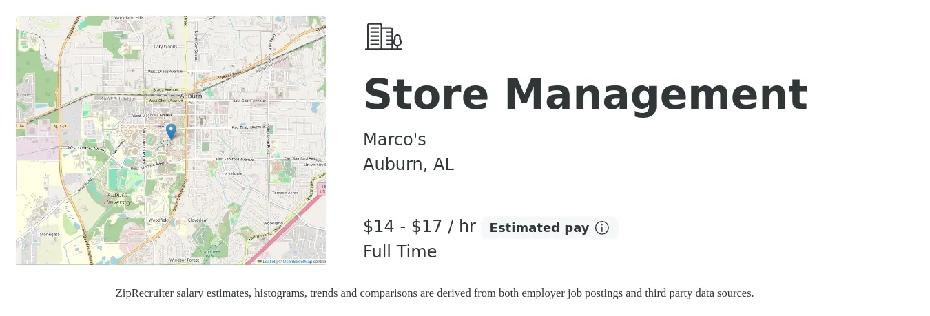 Marco's job posting for a Store Management in Auburn, AL with a salary of $15 to $18 Hourly with a map of Auburn location.