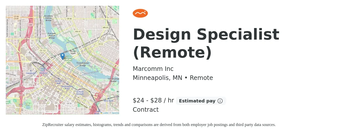 Marcomm Inc job posting for a Design Specialist (Remote) in Minneapolis, MN with a salary of $25 to $30 Hourly with a map of Minneapolis location.