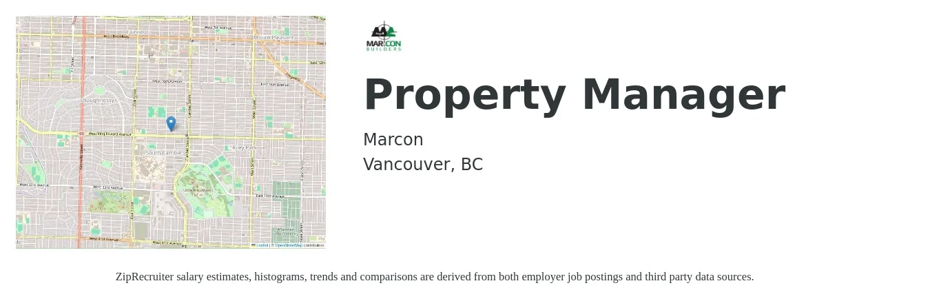 Marcon job posting for a Property Manager in Vancouver, BC with a salary of $90,000 to $120,000 Yearly with a map of Vancouver location.