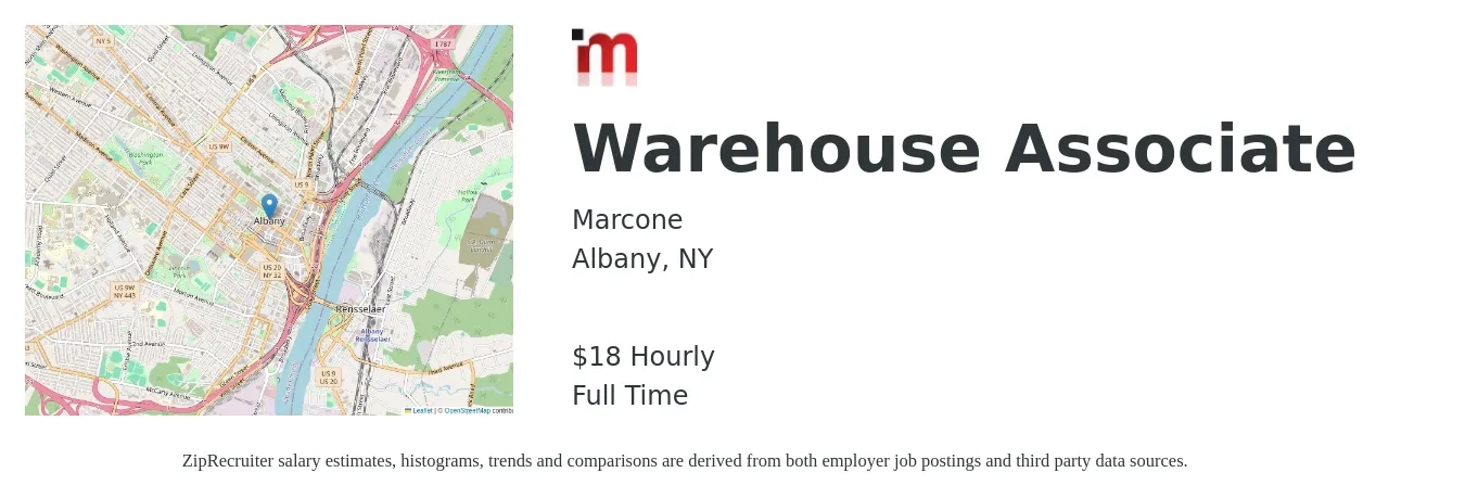 Marcone job posting for a Warehouse Associate in Albany, NY with a salary of $19 Hourly with a map of Albany location.