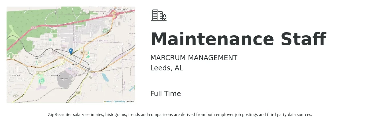 MARCRUM MANAGEMENT job posting for a Maintenance Staff in Leeds, AL with a salary of $20 to $27 Hourly with a map of Leeds location.