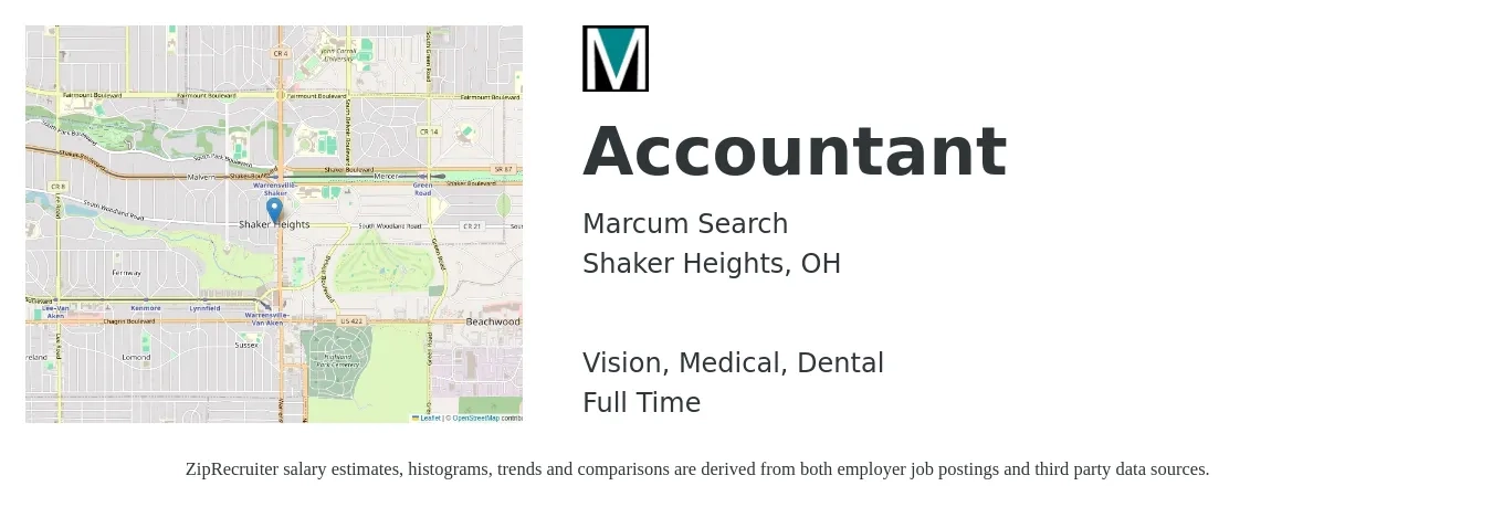 Marcum Search job posting for a Accountant in Shaker Heights, OH with a salary of $51,400 to $75,400 Yearly and benefits including vision, dental, life_insurance, medical, pto, and retirement with a map of Shaker Heights location.