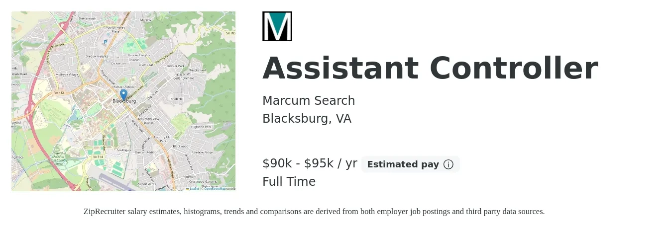 Marcum Search job posting for a Assistant Controller in Blacksburg, VA with a salary of $90,000 to $95,000 Yearly with a map of Blacksburg location.