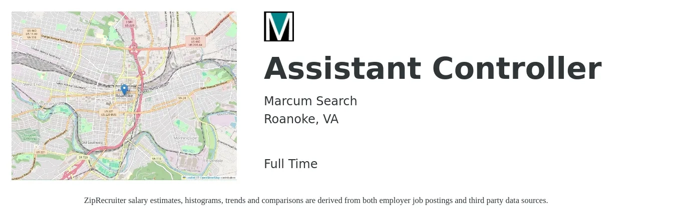Marcum Search job posting for a Assistant Controller in Roanoke, VA with a salary of $81,900 to $116,800 Yearly with a map of Roanoke location.