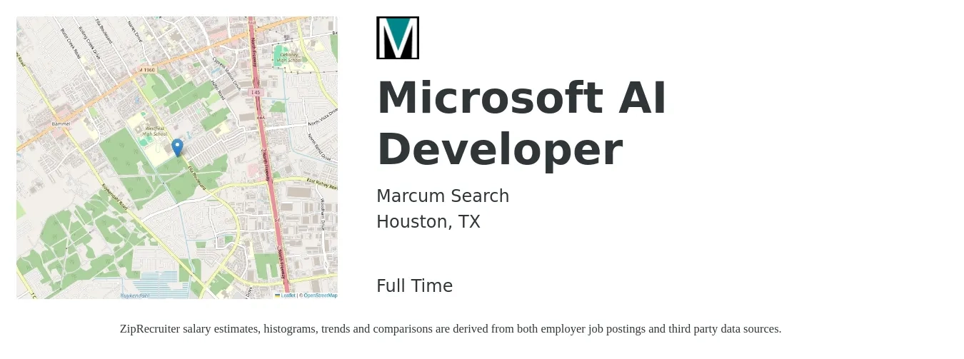 Marcum Search job posting for a Microsoft AI Developer in Houston, TX with a salary of $49 to $68 Hourly with a map of Houston location.