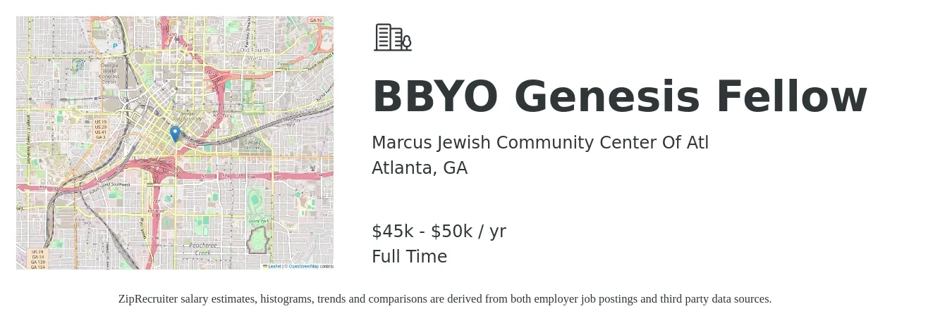 Marcus Jewish Community Center Of Atl job posting for a BBYO Genesis Fellow in Atlanta, GA with a salary of $45,000 to $50,000 Yearly with a map of Atlanta location.