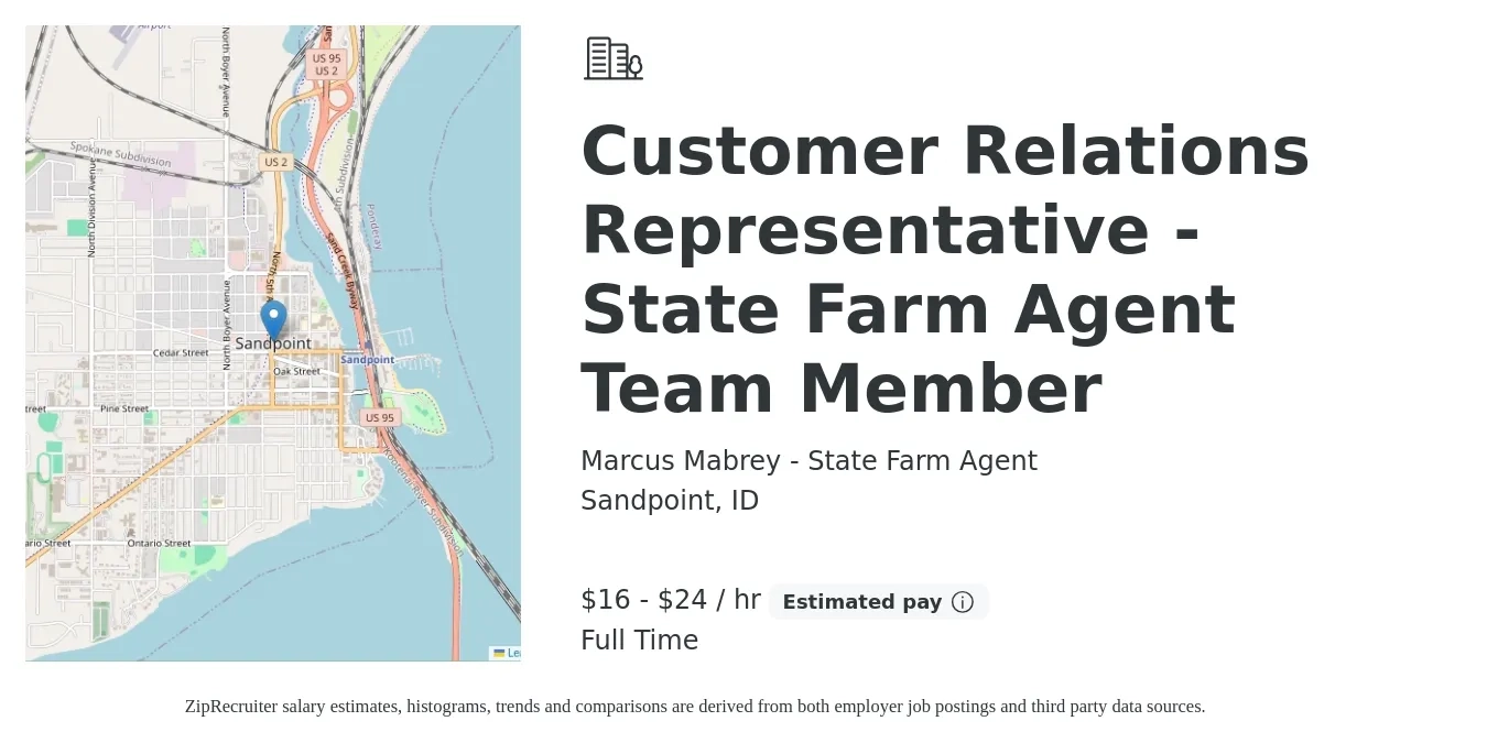 Marcus Mabrey - State Farm Agent job posting for a Customer Relations Representative - State Farm Agent Team Member in Sandpoint, ID with a salary of $17 to $25 Hourly with a map of Sandpoint location.