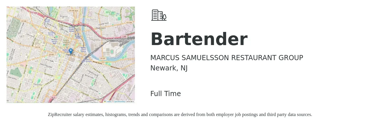 MARCUS SAMUELSSON RESTAURANT GROUP job posting for a Bartender in Newark, NJ with a salary of $10 to $20 Hourly with a map of Newark location.