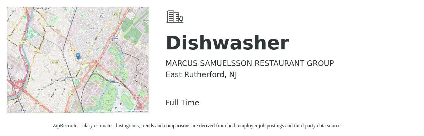 MARCUS SAMUELSSON RESTAURANT GROUP job posting for a Dishwasher in East Rutherford, NJ with a salary of $13 to $17 Hourly with a map of East Rutherford location.