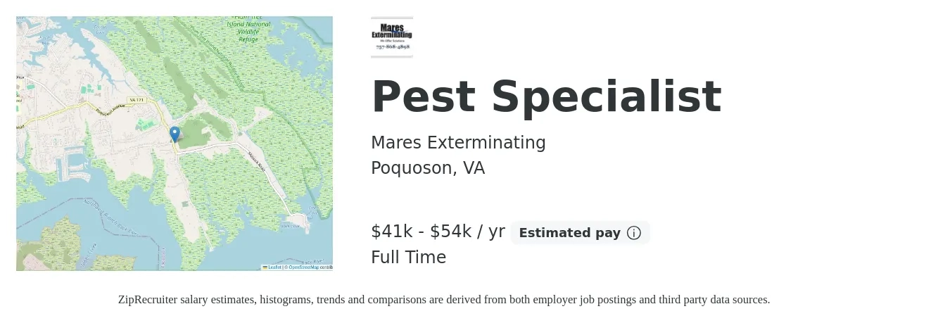 Mares Exterminating job posting for a Pest Specialist in Poquoson, VA with a salary of $41,000 to $54,000 Yearly with a map of Poquoson location.