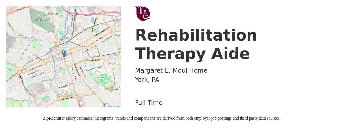 Margaret E. Moul Home job posting for a Rehabilitation Therapy Aide in York, PA with a salary of $33,500 to $44,800 Yearly with a map of York location.