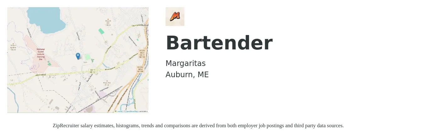 Margaritas job posting for a Bartender in Auburn, ME with a salary of $11 to $20 Hourly with a map of Auburn location.
