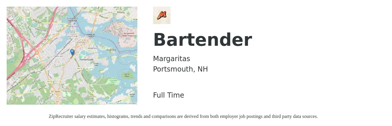 Margaritas job posting for a Bartender in Portsmouth, NH with a salary of $10 to $19 Hourly with a map of Portsmouth location.