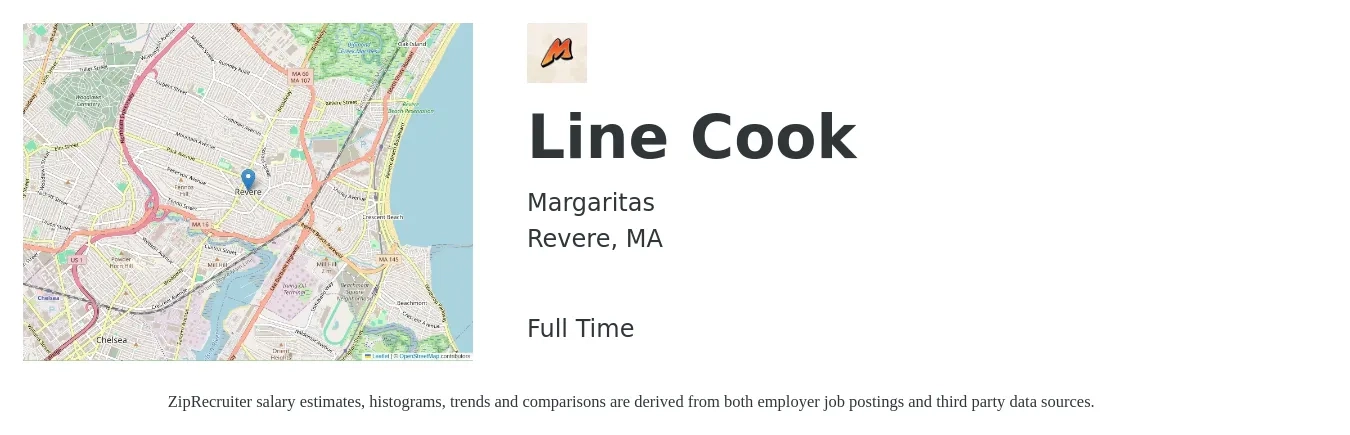 Margaritas job posting for a Line Cook in Revere, MA with a salary of $16 to $20 Hourly with a map of Revere location.