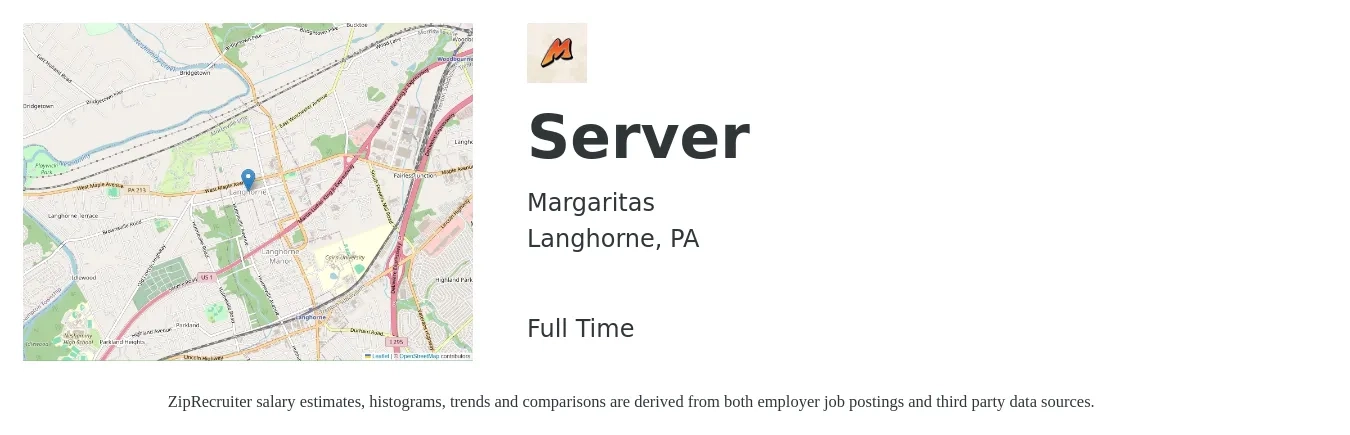 Margaritas job posting for a Server in Langhorne, PA with a salary of $10 to $17 Hourly with a map of Langhorne location.