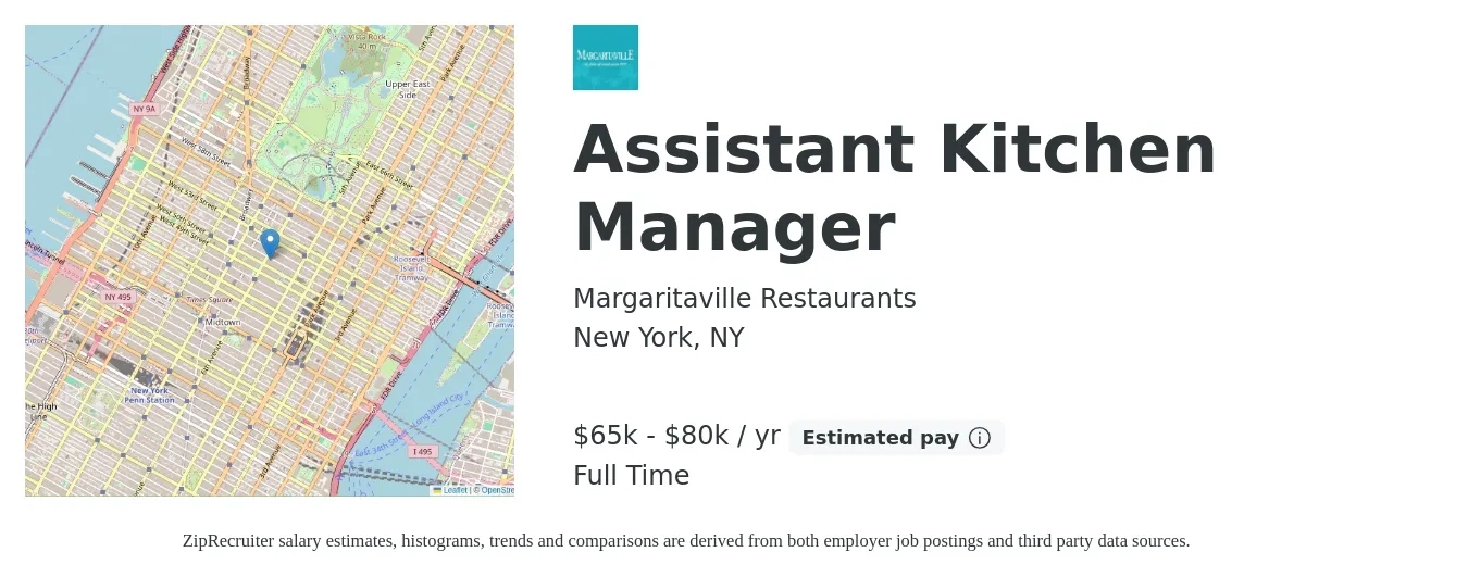 Margaritaville Restaurants job posting for a Assistant Kitchen Manager in New York, NY with a salary of $65,000 to $80,000 Yearly with a map of New York location.