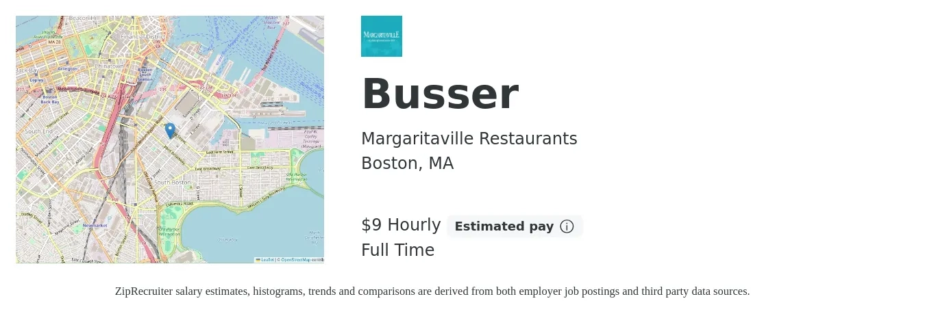 Margaritaville Restaurants job posting for a Busser in Boston, MA with a salary of $10 Hourly with a map of Boston location.