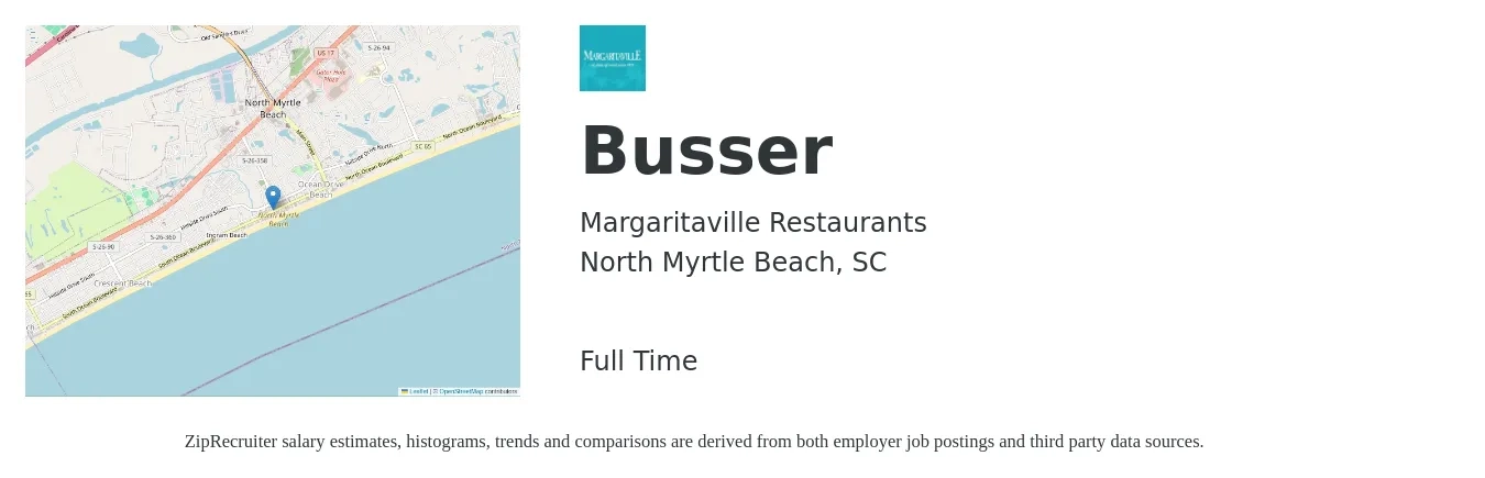 Margaritaville Restaurants job posting for a Busser in North Myrtle Beach, SC with a salary of $9 to $14 Hourly with a map of North Myrtle Beach location.