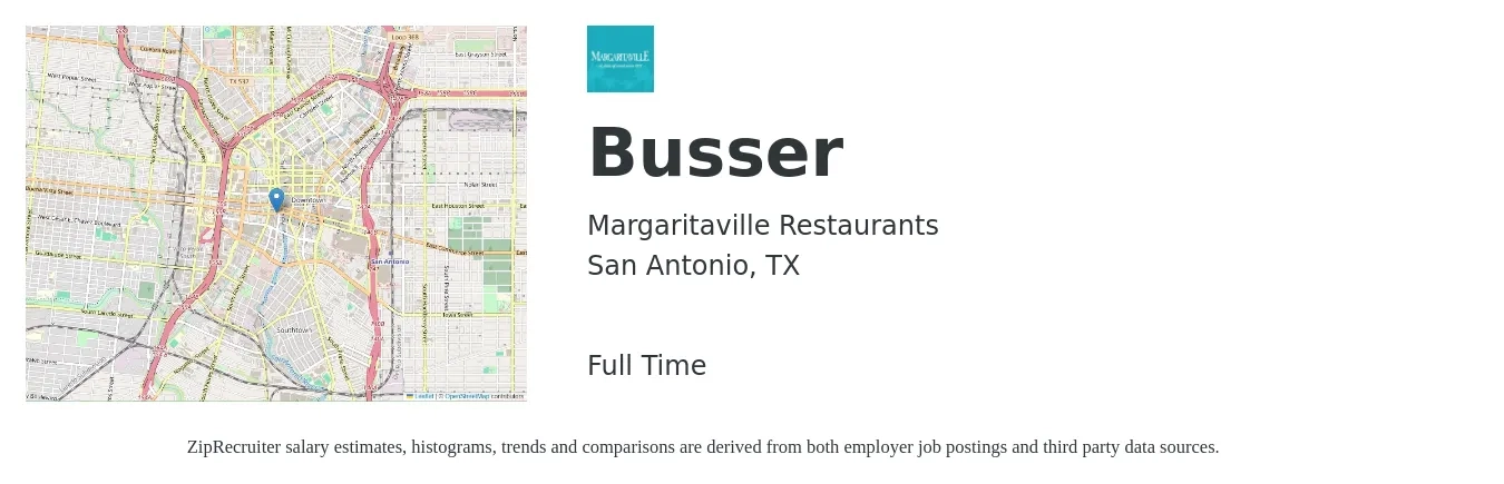 Margaritaville Restaurants job posting for a Busser in San Antonio, TX with a salary of $10 to $14 Hourly with a map of San Antonio location.