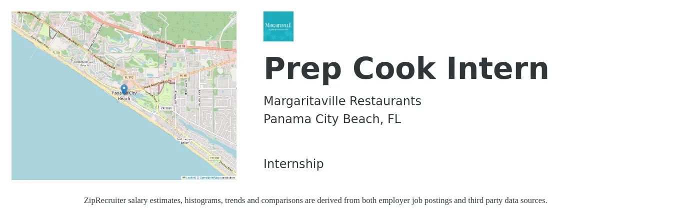 Margaritaville Restaurants job posting for a Prep Cook Intern in Panama City Beach, FL with a salary of $13 to $16 Hourly with a map of Panama City Beach location.