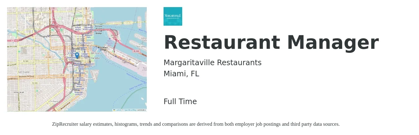 Margaritaville Restaurants job posting for a Restaurant Manager in Miami, FL with a salary of $43,000 to $60,700 Yearly with a map of Miami location.