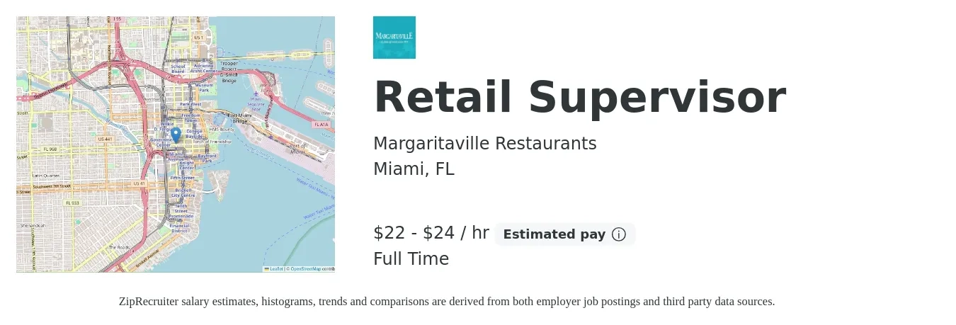 Margaritaville Restaurants job posting for a Retail Supervisor in Miami, FL with a salary of $23 to $25 Hourly with a map of Miami location.