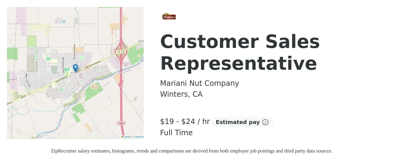 Mariani Nut Company job posting for a Customer Sales Representative in Winters, CA with a salary of $20 to $25 Hourly with a map of Winters location.