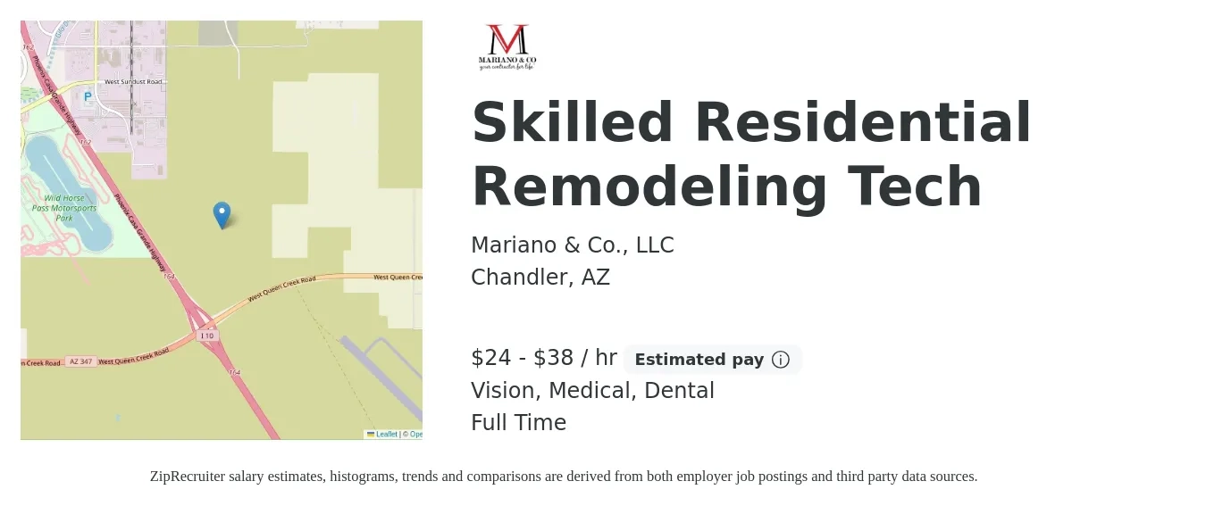 Mariano & Co., LLC job posting for a Skilled Residential Remodeling Tech in Chandler, AZ with a salary of $25 to $40 Hourly and benefits including retirement, vision, dental, life_insurance, medical, and pto with a map of Chandler location.