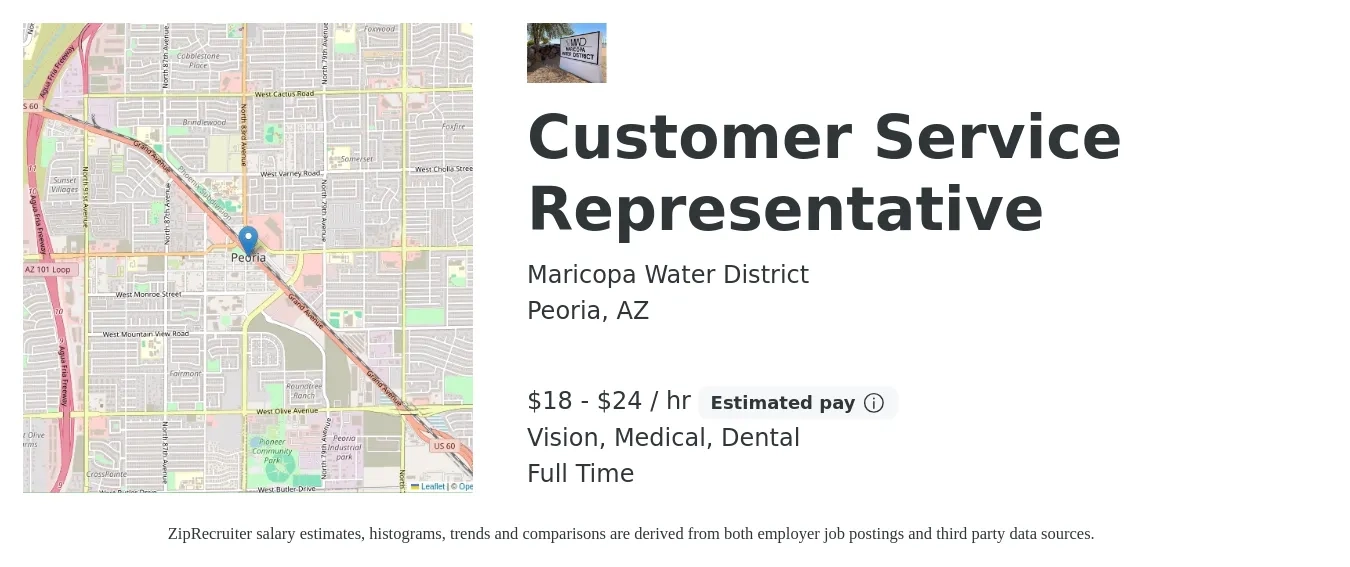 Maricopa Water District job posting for a Customer Service Representative in Peoria, AZ with a salary of $20 to $25 Hourly and benefits including dental, life_insurance, medical, and vision with a map of Peoria location.