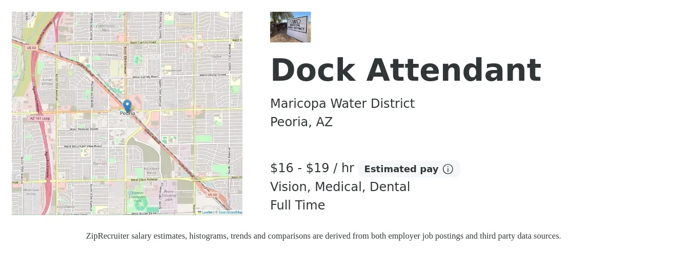 Maricopa Water District job posting for a Dock Attendant in Peoria, AZ with a salary of $17 to $20 Hourly and benefits including dental, life_insurance, medical, and vision with a map of Peoria location.